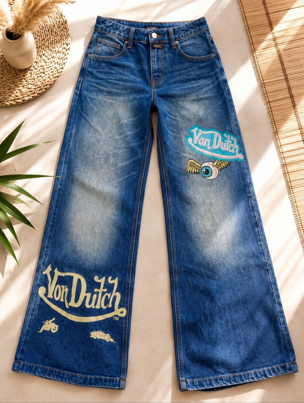 VON DUTCH Wide-Leg Jeans Embroidered Logos Women's Size 29